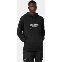 Black Helly Hansen hoodie with white logo text on chest, front pocket, and drawstring hood.