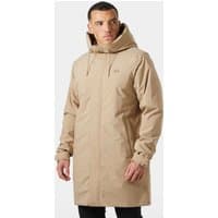 Beige Helly Hansen men's insulated raincoat with hood, front zipper, and adjustable cuffs, size XL.