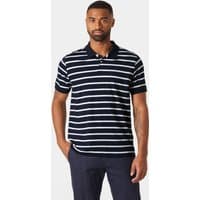 Navy Helly Hansen men's polo shirt with white horizontal stripes, short sleeves, and a classic collar.