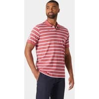Red Helly Hansen Newport Polo 2.0, short-sleeve with white horizontal stripes, classic collar, size S.