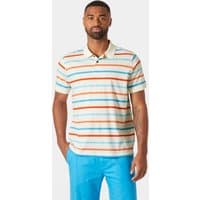 White Helly Hansen men's polo with multicolored horizontal stripes, short sleeves, and a classic collar.