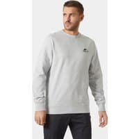 Grey Helly Hansen men's crew sweatshirt with small black logo on chest, ribbed cuffs, and hem, size S.
