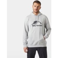 Grey Helly Hansen men's hoodie with mountain graphic and logo, drawstring hood, and front pouch pocket, size 2XL.