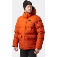 Orange Helly Hansen men's puffy jacket, XL, with hood, front pockets, and black logo on chest.