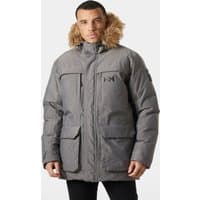 Grey Helly Hansen men's winter parka with faux fur hood, large front pockets, and logo on chest, size 2XL.