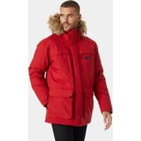 Red Helly Hansen men's parka with fur-lined hood, front pockets, and logo on chest, designed for urban winter wear.