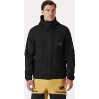 Black Helly Hansen men's hooded insulator jacket, lightweight with front zipper and logo on chest, size S.