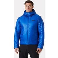 Blue Helly Hansen men's hooded jacket with front zipper, lightweight design, and logo on chest.