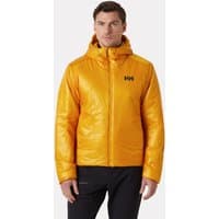 Yellow Helly Hansen men's hooded down jacket with front zipper and logo on chest, size L.