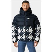 Navy Helly Hansen puffy jacket with bold white graphic pattern, hood, and front zipper, size XL.