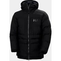 Black Helly Hansen men's puffy insulated jacket with hood, front zipper, and chest logo, size small.
