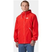 Red Helly Hansen men's rain jacket with hood, zip front, and white logo on chest, size L.
