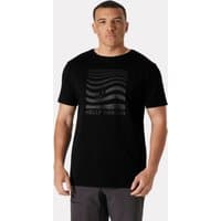 Black Helly Hansen men's T-shirt with wave graphic and logo on chest, short sleeves, crew neck, size M.