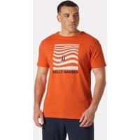 Orange Helly Hansen men's T-shirt with wave graphic and logo on chest, short sleeves, crew neck, size S.