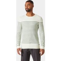 Beige Helly Hansen cotton-knit jumper with green horizontal stripes, crew neck, and ribbed cuffs, size 2XL.