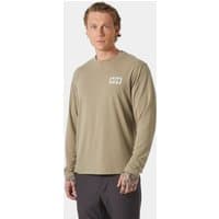 Beige Helly Hansen men's long sleeve tee, crew neck, small chest graphic, medium size.