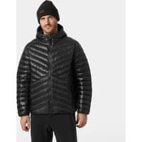 Black Helly Hansen men's down jacket, quilted with chevron pattern, hooded, worn by a model, size 2XL.