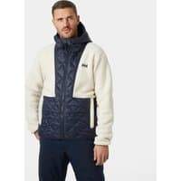 Navy and cream Helly Hansen men's hybrid jacket with quilted front, fleece sleeves, and hood, size M.