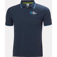 Navy Helly Hansen polo shirt with Ocean Race logo, blue trim on collar and sleeves, size M.