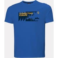 Blue Helly Hansen men's T-shirt with "Connecting Europe" and nautical graphic on chest, size L.