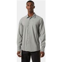 Grey Helly Hansen men's long sleeve shirt, button-up, collared, lightweight fabric, size S, worn by model.
