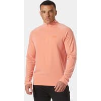 Orange Helly Hansen men's half-zip pullover with high collar and logo on chest, long sleeves, medium size.