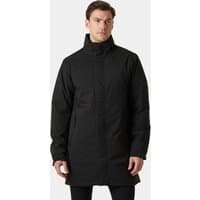Black Helly Hansen men's raincoat with high collar, insulated design, and front zipper, size XL.