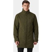 Green Helly Hansen men's insulated raincoat, XL, with high collar and front zipper, designed for urban wear.