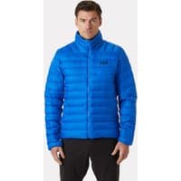 Blue Helly Hansen men's down jacket with front zipper, high collar, and logo on chest.
