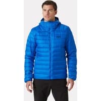 Blue Helly Hansen men's hooded down jacket with quilted design and front zipper, size S.