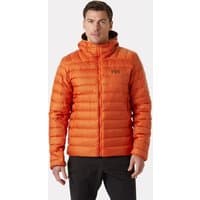 Orange Helly Hansen men's hooded down jacket with quilted design and logo on chest.