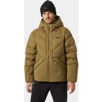 Brown Helly Hansen men's down jacket with hood, front zipper, and logo on chest, worn by a model.