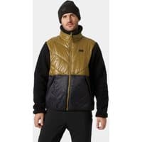 Brown and black Helly Hansen men's hybrid jacket, quilted chest, fleece sleeves, front zipper, size 2XL.
