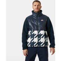 Navy Helly Hansen men's jacket, 2XL, with quilted upper, fleece sleeves, and geometric patterned lower section.