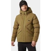 Brown Helly Hansen men's down jacket with hood, quilted pattern, and front zipper, size M.