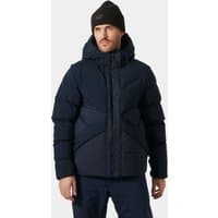 Navy Helly Hansen men's down jacket with hood, modular design, and front zipper, size XL.