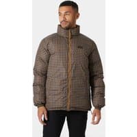Brown Helly Hansen reversible puffer jacket, checkered pattern, high collar, zip closure, size XL.