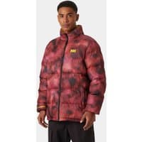Reversible purple puffer jacket with abstract pattern, high collar, and Helly Hansen logo on chest, size XL.