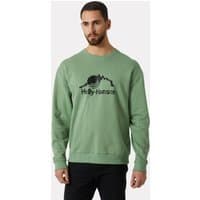 Green Helly Hansen men's crew sweater with black logo on chest, ribbed cuffs, and hem, size L.