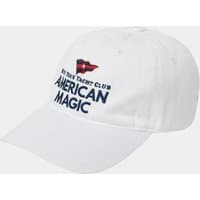 White Helly Hansen cotton cap with "American Magic" logo and red flag emblem on the front.