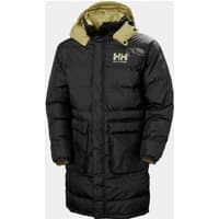 Black Helly Hansen reversible coat with hood, beige lining, front pockets, and logo on chest.