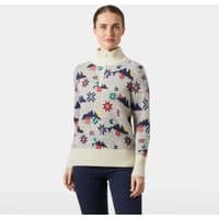 White Helly Hansen wool knit sweater with colorful Icelandic patterns, high collar, and ribbed cuffs, size M.