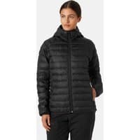 Black Helly Hansen women’s hooded insulator jacket with quilted design and front zipper, size M.