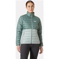 Green Helly Hansen women’s Banff insulator jacket, quilted design, high collar, two-tone with logo on chest, size XL.
