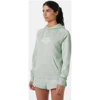 Green Helly Hansen women’s hoodie, XS, with white logo on chest, drawstring hood, and ribbed cuffs.