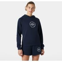 Navy Helly Hansen women’s hoodie, XL, with white logo on chest, drawstring hood, and ribbed cuffs and hem.