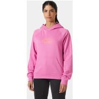 Pink Helly Hansen women’s hoodie with graphic logo, long sleeves, and front pocket, size M.