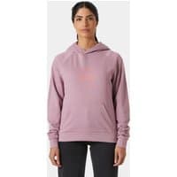 Purple Helly Hansen women's hoodie with graphic logo, drawstring hood, and front pouch pocket, size L.