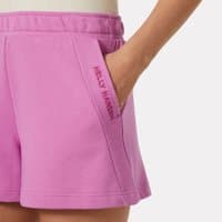Pink Helly Hansen women’s sweat shorts with side pockets and embroidered logo on left pocket, size L.