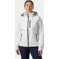 White Helly Hansen women’s hooded sailing jacket with black zippers, red accents, and adjustable cuffs, size 2XL.